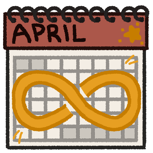 a drawing of a calendar with a large gold infinity symbol symbol in the centre. It has a red coloured heading section which reads “April”.